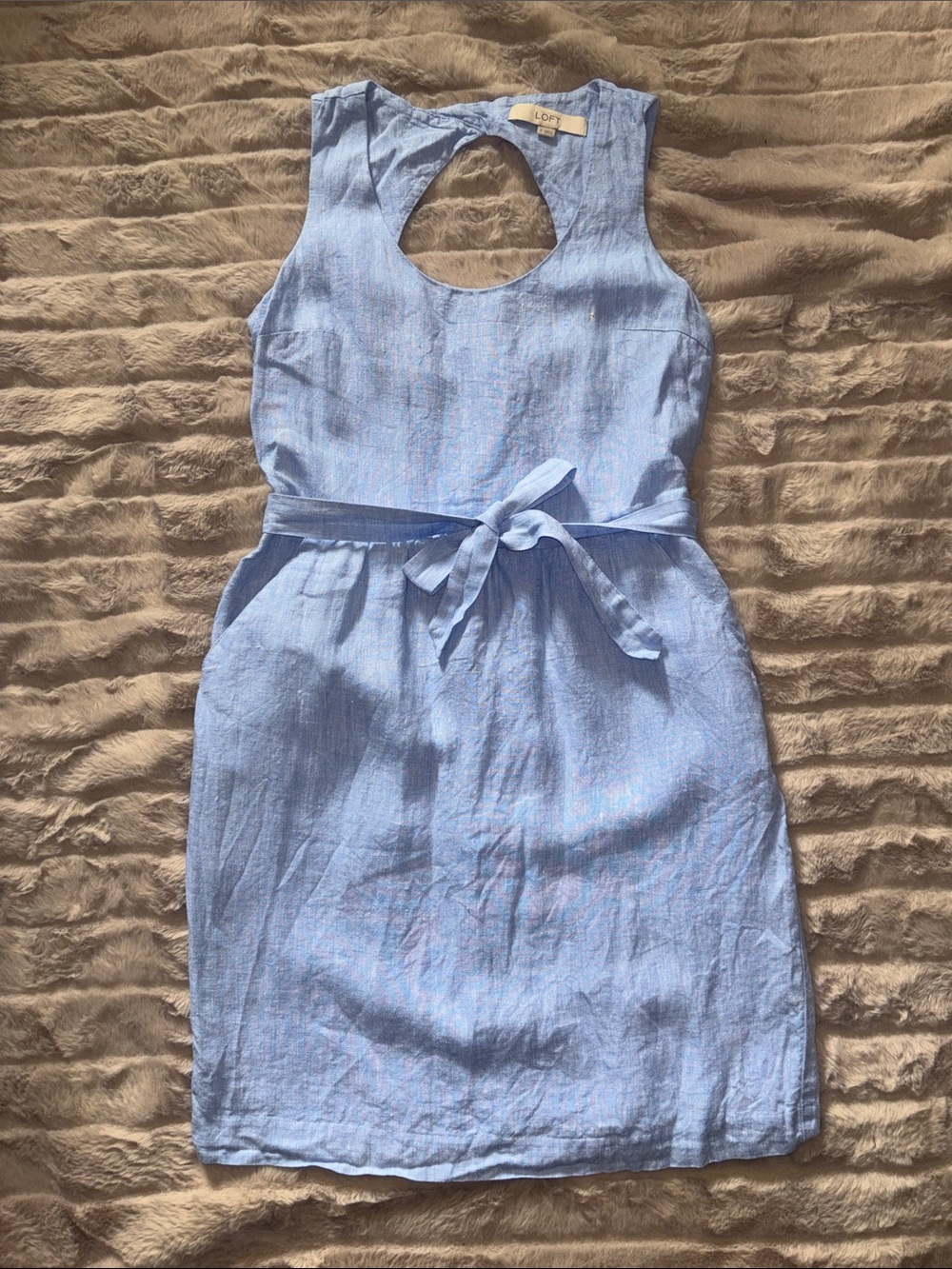 Light Blue Linen Tie-Waist Sleeveless Dress